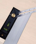 Close-up of Straight Shooter Nine In One Measuring And Marking Tool Featuring Dual Levels Sliding Bevel with depth gauge and ruler.