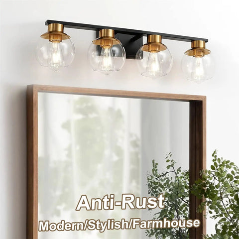 Black Gold 4 Light Vanity Light Fixture Over Mirror With Globe Glass Shades E26 Base Mid Century Modern Wall Sconce