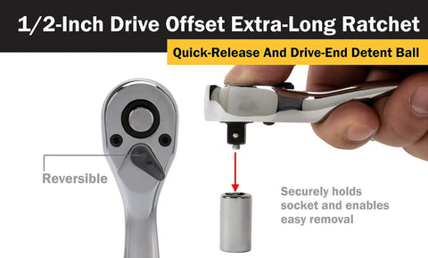 1/2-Inch Drive Offset Extra Long Ratchet with quick-release reversible mechanism and cushioned grip handle