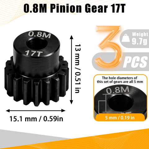 Three Pack Pinion Gear Sets In Zero Point Eight M Module With Seventeen Teeth And Five Millimeter Bore For One Eighth And One Tenth Scale RC Cars Monster Trucks And Buggies, Hardened Steel, Durable, Fits Traxxas Arrma Losi Axial HSP Redcat Tamiya