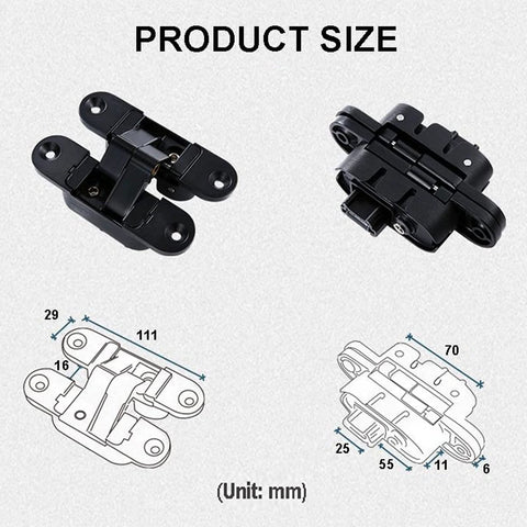 Three Dimensional Invisible Door Hinges For Wooden Doors With 180 Degree Inside And Outside Opening, Hidden Concealed Hinge In Black Zinc Alloy, Anti Rust Durable Construction For Right Hand Open Ronsss, shown with dimensions in millimeters.