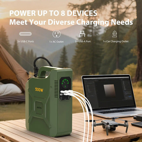 Reliable Portable Power Station 500W Featuring LiFePO4 Cell Pure Sine Wave Inverter Plug And Play Design with USB ports and AC outlet.