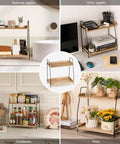Countertop Coffee Station Organizer With Two Tier Wood Shelves For All Your Coffee Bar Gear And Condiment Storage In Brown Finish For Kitchen Office And Home shown with various uses in bathroom, office, kitchen, and plant display.