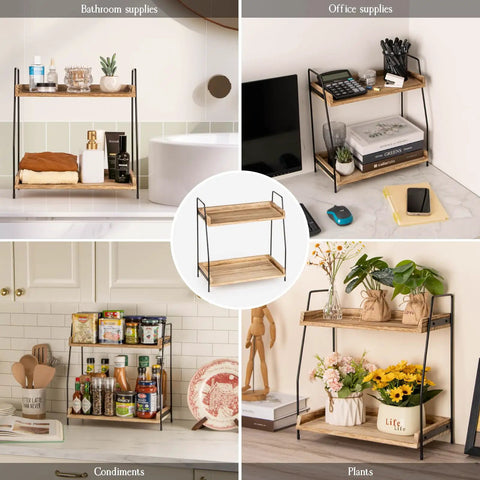 Countertop Coffee Station Organizer With Two Tier Wood Shelves For All Your Coffee Bar Gear And Condiment Storage In Brown Finish For Kitchen Office And Home shown with various uses in bathroom, office, kitchen, and plant display.