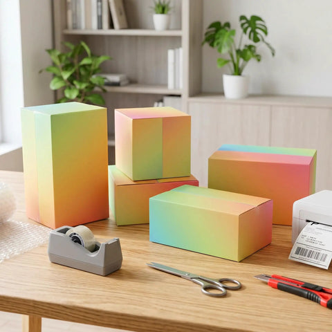 8x8x4 Heavy Duty Shipping Boxes Set of 30 Colorful Corrugated Boxes for Small Business Packaging on a desk
