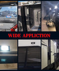 Montage of 12V RV Exterior Porch Light Aluminum Low Current LED Scene Lighting applications on various vehicles.