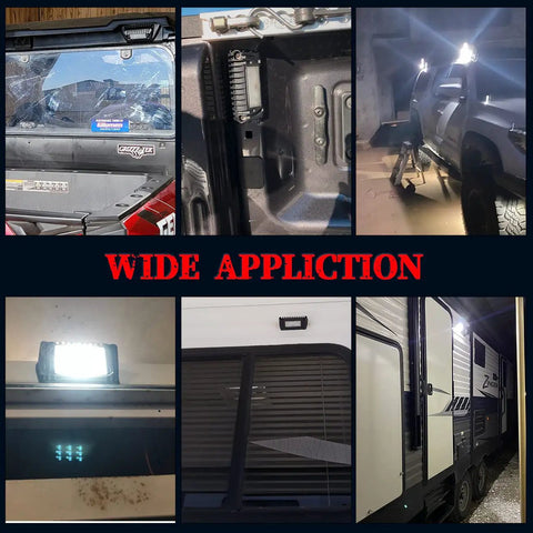 Montage of 12V RV Exterior Porch Light Aluminum Low Current LED Scene Lighting applications on various vehicles.