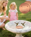 2 Pack Copper Bird Bath Disks With Triple Point Support installed in outdoor marble bird bath used by hummingbirds