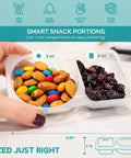 Two Compartment Reusable Snack Containers With Lids 20 Pack 40 Pieces Leak Proof Snack Prep Trays For Kids Grab And Go Ideal For Lunches Camping And Meal Prep Portion Control Snack Storage showing almonds, raisins, and candies in 3oz and 2oz compartments.