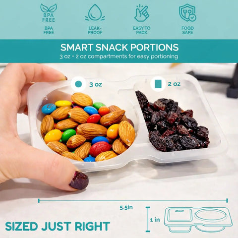 Two Compartment Reusable Snack Containers With Lids 20 Pack 40 Pieces Leak Proof Snack Prep Trays For Kids Grab And Go Ideal For Lunches Camping And Meal Prep Portion Control Snack Storage showing almonds, raisins, and candies in 3oz and 2oz compartments.