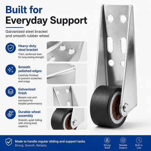 Dead Nuts Heavy Duty Vertical Track Roller Wheels With Quiet Rubber Casters And Zero Wobble Glide For Smooth Barn Doors Cabinets Closets And Home Workshop Builds close-up of galvanized steel bracket and smooth rubber wheel.