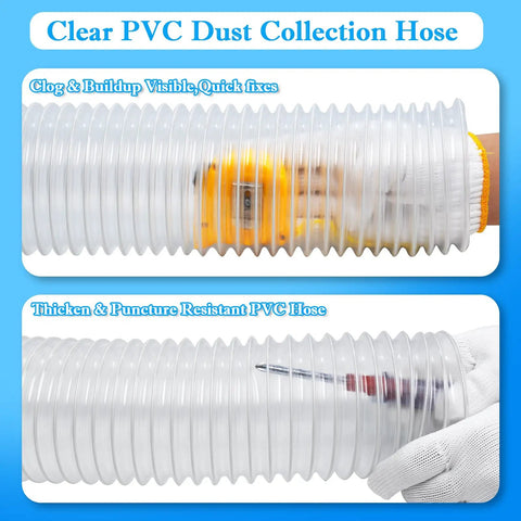 Clear PVC Dust Collection Hose showing reinforced structure for smooth suction in workshop setups. Heavy Duty 4 By 50 Feet Flexible PVC Hose Kicks Up Sawdust Clean With Puncture Resistant Build For Smooth Suction And Easy Tool Hookups In Every Workshop Setup.