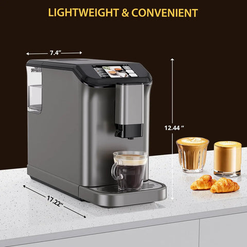 Fully Automatic Espresso Machine With Built In Grinder And Milk Frother 20 Bar Pressure LCD Touchscreen on countertop with coffees