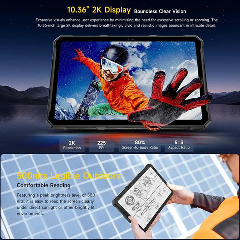 Ultra Rugged 5G Tablet Featuring Thermal Imaging Lens With 10.36 Inch 2K Anti Glare Display And 500 Nits Punch Plus Gorilla Glass 5 Shielding showing vibrant outdoor visuals and clear legibility in sunlight.
