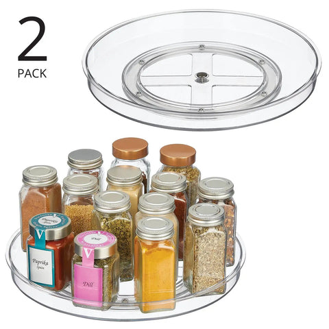 Slick Rotating Lazy Susan Turntable Spinner Fully Swiveling 11.5 Inch Clear Plastic Round Organizer with spices, 2 pack.