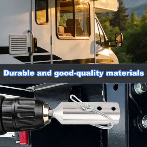 Heavy Duty Trailer Jack Drill Adapter For 1 Inch Drive Shaft attached to a cordless drill and trailer for easy lifting.