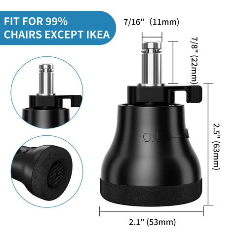 Silent Stationary Chair Feet For Office Seats Durable Rubber Glides Smooth Floor Saving Caster Upgrade Non Marking Glide Pads in black with dimensions shown.