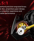 Close-up of CFSW Spinning Reel 7 Plus 1 Shielded Stainless Steel Bearings With Enhanced Drag System, brass gear mechanism displayed.