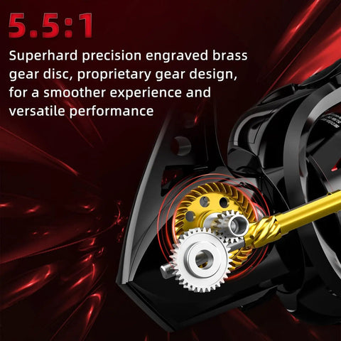 Close-up of CFSW Spinning Reel 7 Plus 1 Shielded Stainless Steel Bearings With Enhanced Drag System, brass gear mechanism displayed.