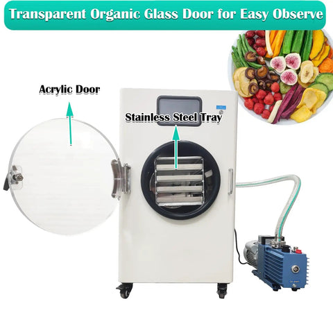 Heavy Duty Four Tray 110V Vacuum Freeze Dryer Machine For Home Kitchens With Stainless Steel Trays, featuring transparent acrylic door.