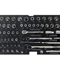 All-In-One 439 Piece Mechanics Tool Set in Heavy-Duty 3 Drawer Metal Case, displaying sockets and ratchet handles.