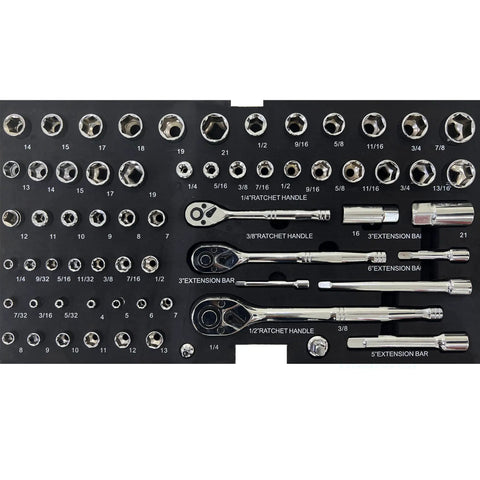 All-In-One 439 Piece Mechanics Tool Set in Heavy-Duty 3 Drawer Metal Case, displaying sockets and ratchet handles.