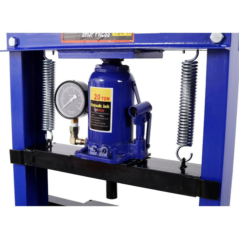 Detail of Heavy Duty 20 Ton Hydraulic Shop Press With Pressure Gauge, showcasing hydraulic jack and springs.
