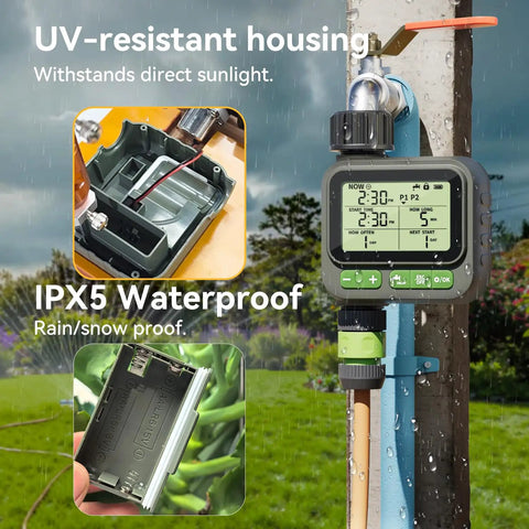 Remote Control Sprinkler Timer With 230 Foot Range No Fuss Programmable Garden Hose Timer For Outdoor Faucet Four Plans With Rain Delay Automatic Watering Digital Irrigation Controller For Yard And Lawn attached to a faucet in use, LCD display visible, showing UV-resistant and waterproof design.