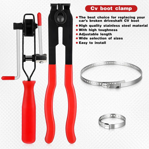Universal CV Joint Boot Clamp Pliers Kit 22 Piece Set with red-handled pliers, black tool, and metal clamps.