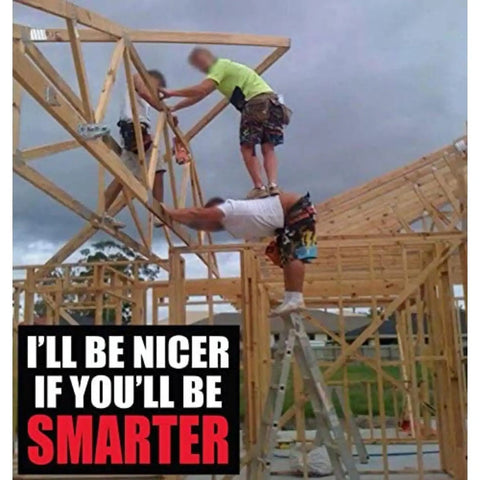 Hard Hat Sticker Pack With Two American Flags, 10 Vinyl Decals For Tough Workers, construction workers balancing on beams with text 'I'll Be Nicer If You'll Be Smarter'