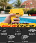 Heavy Duty Cordless Stick Water Transfer Pump For Rapid Tank Draining And Garden Irrigation displaying DEWALT 20V Li-Ion battery compatibility.