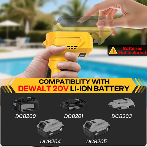 Heavy Duty Cordless Stick Water Transfer Pump For Rapid Tank Draining And Garden Irrigation displaying DEWALT 20V Li-Ion battery compatibility.