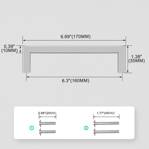 Diagram of Six And One Quarter Inch Brushed Nickel Stainless Steel Cabinet Pulls 20 Pack with dimensions and screws
