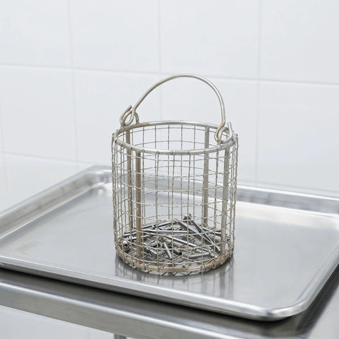 Slick Heavy Duty Stainless Steel Ultrasonic Cleaner Basket With Fine Mesh And Swinging Handle For Jewelry Lab Equipment And Precision Washing Rack placed on a tray.