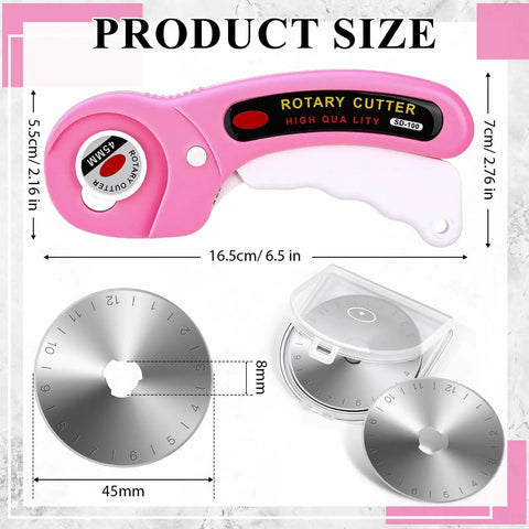 Rotary Cutter Set 102 Piece 45Mm With 100 Blades And 2 Ergonomic Handles With Safety Lock, showing product size and design.