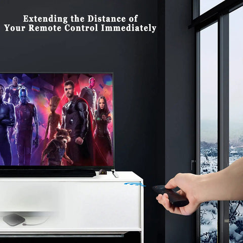 IR Repeater Transmitter Kit With USB Power Extends Remote Range Up To 15 Feet controlling TV in living room setup