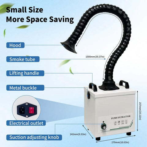 Powerful Solder Fume Extractor With Beast Mode Suction Captures Ninety Nine Point Nine Seven Percent Particles Using H Thirteen Hepa Three Stage System At Two Hundred Thirty Five Cubic Meters Per Hour Includes Seven Piece Filter Kit For Soldering And - compact design showing adjustable hose and control panel.