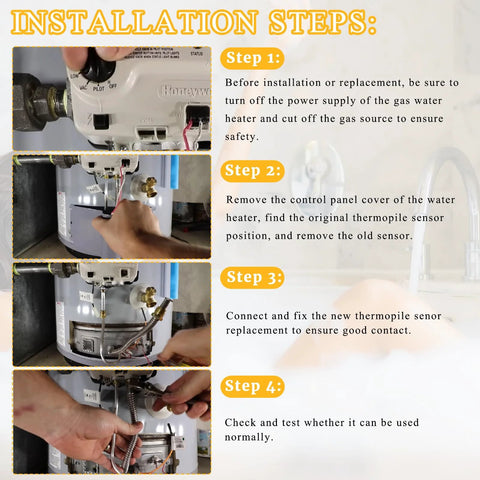 750mV thermopile sensor replacement installation guide on Rheem/Ruud Richmond gas water heater; four-image set.