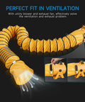 8 Inch PVC Flexible Duct With 25 Feet Length Adjustable Rope And D Shaped Rings For Easy Free Hanging And Utility Blower Exhaust Fan Support No Hassle Fire Resistant Heavy Duty Tape And Vinyl Braided Polyester Construction showing ventilation setup