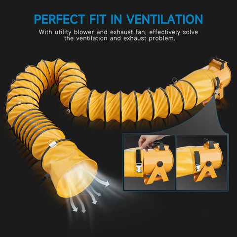 8 Inch PVC Flexible Duct With 25 Feet Length Adjustable Rope And D Shaped Rings For Easy Free Hanging And Utility Blower Exhaust Fan Support No Hassle Fire Resistant Heavy Duty Tape And Vinyl Braided Polyester Construction showing ventilation setup