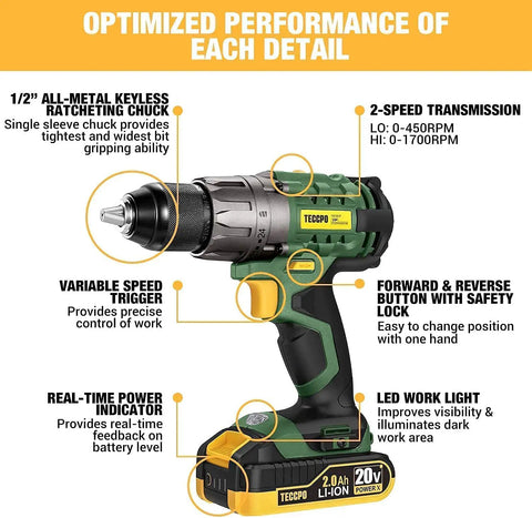 20V Cordless Drill With 2000mAh Battery High Torque 530 In Lbs 24 Plus 1 Clutch Settings Variable Speed 0 to 1700 RPM Includes 33 Piece Accessories And Half Inch Metal Keyless Chuck Fast Charger 2A For Home DIY Projects with highlighted features