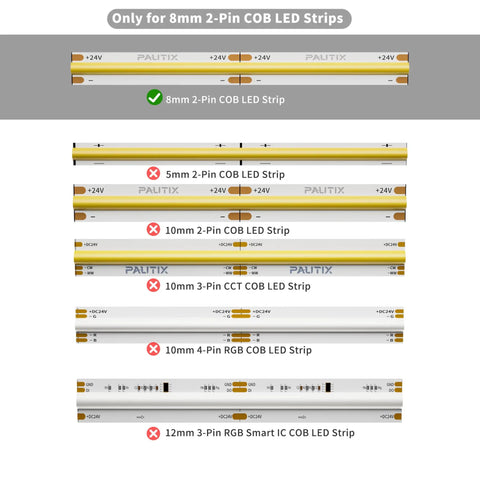 8mm COB LED Strip Connector Kit With Transparent Gapless Connectors for 2-Pin LED Strips compatibility guide image