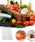 Boss Level Onion Holder And Slicer For Fast, Even Cuts, Non Slip Stainless Steel Tool showcasing use with tomatoes and onions
