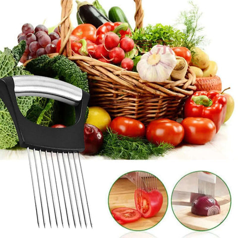 Boss Level Onion Holder And Slicer For Fast, Even Cuts, Non Slip Stainless Steel Tool showcasing use with tomatoes and onions