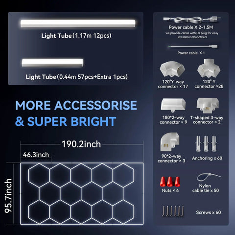 Hexagonal LED Garage Light 12 Pack 210W 21600 Lumens Ultra Bright Kit accessories chart with connectors and dimensions