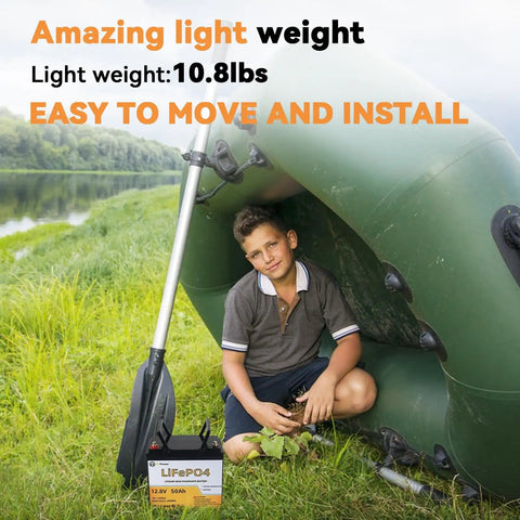 Person with inflatable boat using 12V 50Ah LiFePO4 Deep Cycle Battery With Built In 50A BMS For Home Storage Off Grid RV Trolling Motor Solar System And Marine Use 5000 Plus Cycles Safe Long Life Power Pack Built For Heavy Duty