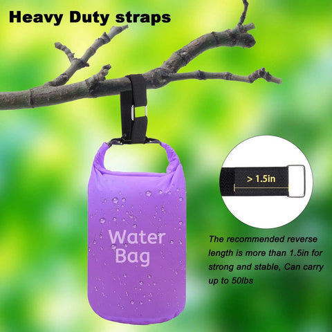 Heavy duty strap holding a purple water bag from a tree branch, showcasing strength with Adjustable 1 Inch Hook And Loop Cable Straps With 50 Metal Buckles