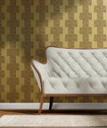 Luxe Gold Abstract Dots Metallic Wallpaper Featuring Rich Fibrous Texture And Glamorous Shine To Bring Sick Vibes To Any Room, with tufted white sofa.