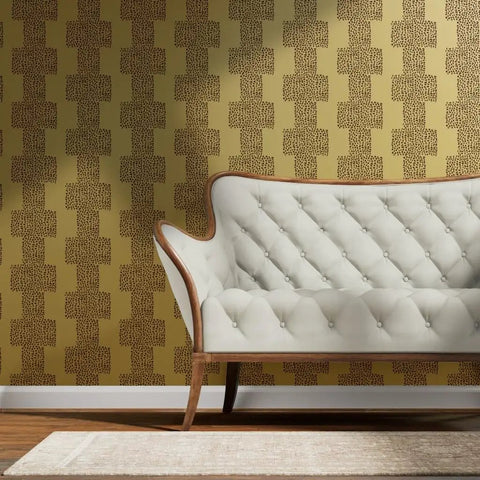 Luxe Gold Abstract Dots Metallic Wallpaper Featuring Rich Fibrous Texture And Glamorous Shine To Bring Sick Vibes To Any Room, with tufted white sofa.
