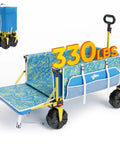 Beach Wagon With Big Wheels For Sand Heavy Duty Collapsible Cart With Tailgate Foldable Utility Wagon, blue with palm print.